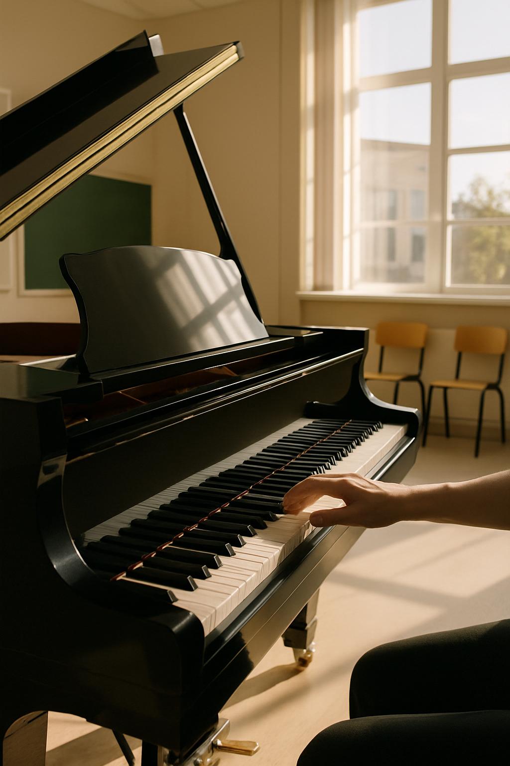 Un étudiant jouant au piano, en apprentissage; le piano fait face à une bouche de vitre et une fausse cheminée.