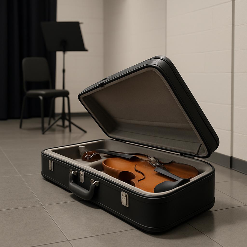 A violin in an open black case, a chair, and a music stand against a white cinder block wall.