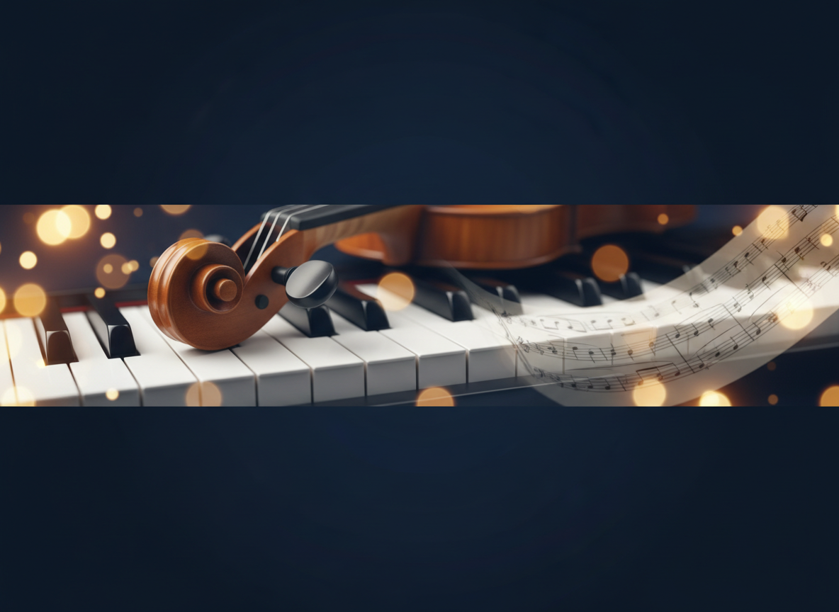Intérieur chaleureux de l'école de musique avec un piano à queue et des violons baignés d'une lumière dorée